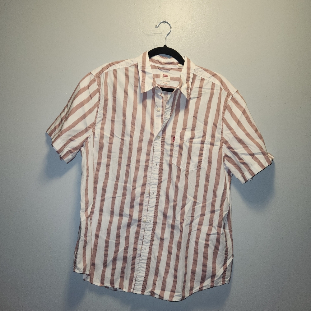 Levis Pink And White Striped Short Sleeve Button Front Top | Large